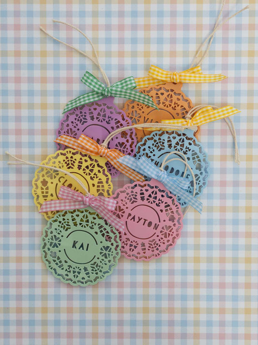 Easter Basket Doily Tag with Gingham Bow